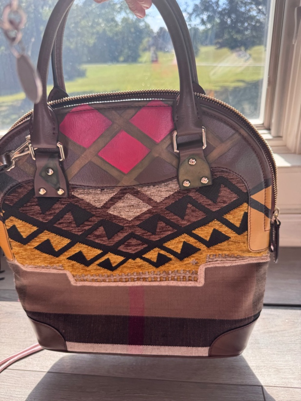 Burberry Multicolor Geometric Canvas & Leather Satchel - Pink, Yellow, Brown - Picture 2 of 10